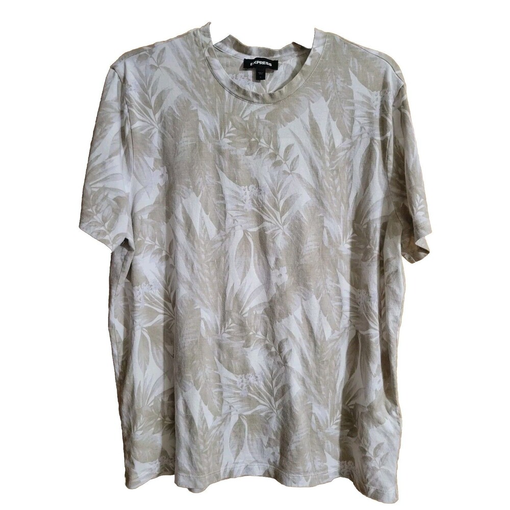Express Womens Large T Shirt Cream Leaf Pattern Soft Comfort Wear Cotton/Modal